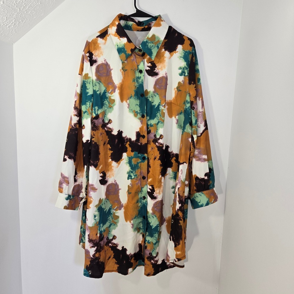 Abstract Watercolor Print Button Down Shirt Dress 2XL Orange Teal Long Sleeve